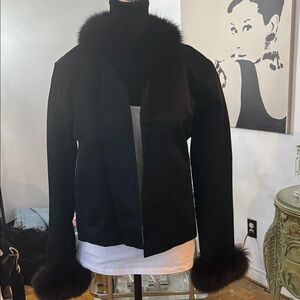 100% Silk Black Fur-Trimmed Women's Jacket